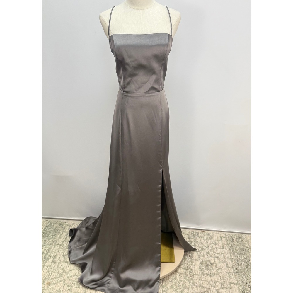 Amsale Formal Satin Gown Pewter Square Neck Spaghetti Strap Dress Prom Slit 10